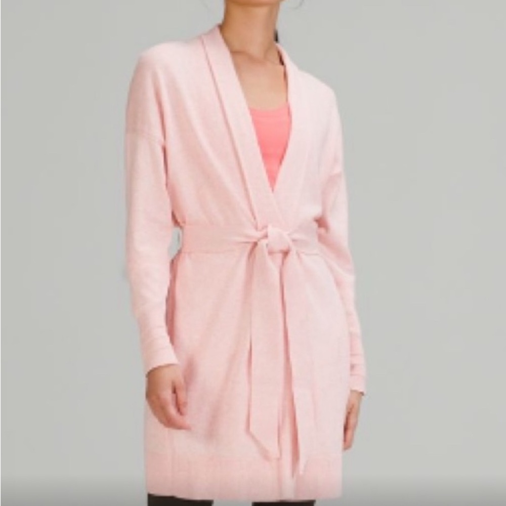 Lululemon Cotton Cashmere Knit Wrap Cardi Sweater Heathered Dew Pink, size 10